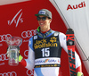 Third placed Ramon Zenhaeusern of Switzerland celebrates on the podium after the men slalom race of the Audi FIS Alpine skiing World cup in Kranjska Gora, Slovenia. Men slalom race of the Audi FIS Alpine skiing World cup was held on Podkoren track in Kranjska Gora, Slovenia, on Sunday, 4th of March 2018.
