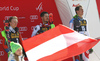 Winner Marcel Hirscher of Austria (M), second placed Henrik Kristoffersen of Norway (L) and third placed Ramon Zenhaeusern of Switzerland (R) on the podium after the men slalom race of the Audi FIS Alpine skiing World cup in Kranjska Gora, Slovenia. Men slalom race of the Audi FIS Alpine skiing World cup was held on Podkoren track in Kranjska Gora, Slovenia, on Sunday, 4th of March 2018.
