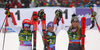 Winner Tessa Worley of France (M), second placed Federica Brignone of Italy (L) and third placed  Mikaela Shiffrin of USA (R) celebrating in finish of the second run of the women giant slalom race of the Audi FIS Alpine skiing World cup in Soelden, Austria. First women race of the Audi FIS Alpine skiing World cup season 2018-2019 was held on Rettenbach glacier above Soelden, Austria, on Saturday, 27th of October 2018.
