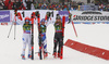 Winner Tessa Worley of France (M), second placed Federica Brignone of Italy (L) and third placed  Mikaela Shiffrin of USA (R) celebrating in finish of the second run of the women giant slalom race of the Audi FIS Alpine skiing World cup in Soelden, Austria. First women race of the Audi FIS Alpine skiing World cup season 2018-2019 was held on Rettenbach glacier above Soelden, Austria, on Saturday, 27th of October 2018.
