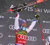 Winner Tessa Worley of France celebrates on the podium after the women giant slalom race of the Audi FIS Alpine skiing World cup in Soelden, Austria. First women race of the Audi FIS Alpine skiing World cup season 2018-2019 was held on Rettenbach glacier above Soelden, Austria, on Saturday, 27th of October 2018.
