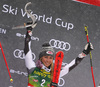 Third placed Mikaela Shiffrin of USA celebrates on the podium after the women giant slalom race of the Audi FIS Alpine skiing World cup in Soelden, Austria. First women race of the Audi FIS Alpine skiing World cup season 2018-2019 was held on Rettenbach glacier above Soelden, Austria, on Saturday, 27th of October 2018.

