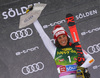 Second placed Federica Brignone of Italy  celebrates on the podium after the women giant slalom race of the Audi FIS Alpine skiing World cup in Soelden, Austria. First women race of the Audi FIS Alpine skiing World cup season 2018-2019 was held on Rettenbach glacier above Soelden, Austria, on Saturday, 27th of October 2018.
