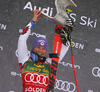 Winner Tessa Worley of France celebrates on the podium after the women giant slalom race of the Audi FIS Alpine skiing World cup in Soelden, Austria. First women race of the Audi FIS Alpine skiing World cup season 2018-2019 was held on Rettenbach glacier above Soelden, Austria, on Saturday, 27th of October 2018.
