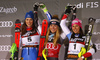 Winner Mikaela Shiffrin of USA (M), second placed Petra Vlhova of Slovakia (L) and third placed  Wendy Holdener of Switzerland (R) celebrating on the podium after the women slalom race of the Audi FIS Alpine skiing World cup on Sljeme above Zagreb, Croatia. Women slalom race of the Audi FIS Alpine skiing World cup season 2018-2019 was held on Sljeme above Zagreb, Croatia, on Saturday, 5th of January 2019.
