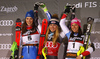 Winner Mikaela Shiffrin of USA (M), second placed Petra Vlhova of Slovakia (L) and third placed  Wendy Holdener of Switzerland (R) celebrating on the podium after the women slalom race of the Audi FIS Alpine skiing World cup on Sljeme above Zagreb, Croatia. Women slalom race of the Audi FIS Alpine skiing World cup season 2018-2019 was held on Sljeme above Zagreb, Croatia, on Saturday, 5th of January 2019.
