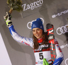 Second placed Petra Vlhova of Slovakia celebrates on the podium after the women slalom race of the Audi FIS Alpine skiing World cup on Sljeme above Zagreb, Croatia. Women slalom race of the Audi FIS Alpine skiing World cup season 2018-2019 was held on Sljeme above Zagreb, Croatia, on Saturday, 5th of January 2019. <br> 
