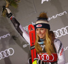 Winner Mikaela Shiffrin of USA celebrates on the podium after the women slalom race of the Audi FIS Alpine skiing World cup on Sljeme above Zagreb, Croatia. Women slalom race of the Audi FIS Alpine skiing World cup season 2018-2019 was held on Sljeme above Zagreb, Croatia, on Saturday, 5th of January 2019. <br> 
