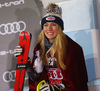 Winner Mikaela Shiffrin of USA celebrates on the podium after the women slalom race of the Audi FIS Alpine skiing World cup on Sljeme above Zagreb, Croatia. Women slalom race of the Audi FIS Alpine skiing World cup season 2018-2019 was held on Sljeme above Zagreb, Croatia, on Saturday, 5th of January 2019. <br> 
