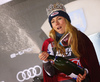 Winner Mikaela Shiffrin of USA celebrates on the podium after the women slalom race of the Audi FIS Alpine skiing World cup on Sljeme above Zagreb, Croatia. Women slalom race of the Audi FIS Alpine skiing World cup season 2018-2019 was held on Sljeme above Zagreb, Croatia, on Saturday, 5th of January 2019. <br> 
