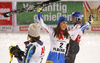 Winner Petra Vlhova of Slovakia (M), second placed Mikaela Shiffrin of USA (R) and third placed  Anna Swenn Larsson of Sweden (L) celebrating after the women slalom race of the Audi FIS Alpine skiing World cup  Flachau, Austria. Women slalom race of the Audi FIS Alpine skiing World cup season 2018-2019 was held Flachau, Austria, on Tuesday, 8th of January 2019.
