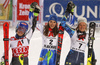 Winner Petra Vlhova of Slovakia (M), second placed Mikaela Shiffrin of USA (L) and third placed  Anna Swenn Larsson of Sweden (R) celebrating after the women slalom race of the Audi FIS Alpine skiing World cup  Flachau, Austria. Women slalom race of the Audi FIS Alpine skiing World cup season 2018-2019 was held Flachau, Austria, on Tuesday, 8th of January 2019.
