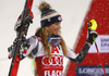 Second placed Mikaela Shiffrin of USA  celebrates on the podium after the women slalom race of the Audi FIS Alpine skiing World cup Flachau, Austria. Women slalom race of the Audi FIS Alpine skiing World cup season 2018-2019 was held Flachau, Austria, on Tuesday, 8th of January 2019.
