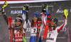 Winner Petra Vlhova of Slovakia (M), second placed Mikaela Shiffrin of USA (L) and third placed  Katharina Liensberger of Austria (R) celebrating on the podium after the women slalom race of the Audi FIS Alpine skiing World cup  Flachau, Austria. Women slalom race of the Audi FIS Alpine skiing World cup season 2018-2019 was held Flachau, Austria, on Tuesday, 8th of January 2019.
