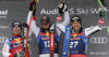 Winner Dominik Paris of Italy (M), second placed Beat Feuz of Switzerland (L) and third placed Otmar Striedinger of Austria (R) celebrate their medals won in the men downhill race of the Audi FIS Alpine skiing World cup Kitzbuehel, Austria. Men downhill Hahnenkamm race of the Audi FIS Alpine skiing World cup season 2018-2019 was held Kitzbuehel, Austria, on Friday, 25th of January 2019.
