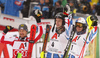 Winner Clement Noel of France (M), second placed Marcel Hirscher of Austria (L) and third placed Alexis Pinturault of France (R) celebrate their success in finish of the second run of men slalom race of the Audi FIS Alpine skiing World cup Kitzbuehel, Austria. Men slalom Hahnenkamm race of the Audi FIS Alpine skiing World cup season 2018-2019 was held Kitzbuehel, Austria, on Saturday, 26th of January 2019.
