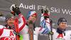 Winner Clement Noel of France (M), second placed Marcel Hirscher of Austria (L) and third placed Alexis Pinturault of France (R) celebrate their success after end of the second run of men slalom race of the Audi FIS Alpine skiing World cup Kitzbuehel, Austria. Men slalom Hahnenkamm race of the Audi FIS Alpine skiing World cup season 2018-2019 was held Kitzbuehel, Austria, on Saturday, 26th of January 2019.
