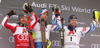 Winner Clement Noel of France (M), second placed Marcel Hirscher of Austria (L) and third placed Alexis Pinturault of France (R) celebrate their success after end of the second run of men slalom race of the Audi FIS Alpine skiing World cup Kitzbuehel, Austria. Men slalom Hahnenkamm race of the Audi FIS Alpine skiing World cup season 2018-2019 was held Kitzbuehel, Austria, on Saturday, 26th of January 2019.
