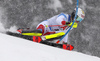 Loic Meillard of Switzerland skiing during first run of men slalom race of the Audi FIS Alpine skiing World cup Kitzbuehel, Austria. Men slalom Hahnenkamm race of the Audi FIS Alpine skiing World cup season 2018-2019 was held Kitzbuehel, Austria, on Saturday, 26th of January 2019.
