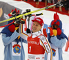 Winner Josef Ferstl of Germany celebrates his medal won in the super-g race of the Audi FIS Alpine skiing World cup Kitzbuehel, Austria. Men super-g Hahnenkamm race of the Audi FIS Alpine skiing World cup season 2018-2019 was held Kitzbuehel, Austria, on Sunday, 27th of January 2019.
