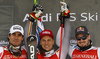 Winner Josef Ferstl of Germany (M), second placed Johan Clarey of France (L) and third placed Dominik Paris of Italy (R) celebrate their medals won in the super-g race of the Audi FIS Alpine skiing World cup Kitzbuehel, Austria. Men super-g Hahnenkamm race of the Audi FIS Alpine skiing World cup season 2018-2019 was held Kitzbuehel, Austria, on Sunday, 27th of January 2019.
