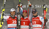 Winner Josef Ferstl of Germany (M), second placed Johan Clarey of France (L) and third placed Dominik Paris of Italy (R) celebrate their medals won in the super-g race of the Audi FIS Alpine skiing World cup Kitzbuehel, Austria. Men super-g Hahnenkamm race of the Audi FIS Alpine skiing World cup season 2018-2019 was held Kitzbuehel, Austria, on Sunday, 27th of January 2019.
