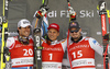 Winner Josef Ferstl of Germany (M), second placed Johan Clarey of France (L) and third placed Dominik Paris of Italy (R) celebrate their medals won in the super-g race of the Audi FIS Alpine skiing World cup Kitzbuehel, Austria. Men super-g Hahnenkamm race of the Audi FIS Alpine skiing World cup season 2018-2019 was held Kitzbuehel, Austria, on Sunday, 27th of January 2019.
