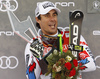 Second placed Johan Clarey of France celebrates his medal won in the super-g race of the Audi FIS Alpine skiing World cup Kitzbuehel, Austria. Men super-g Hahnenkamm race of the Audi FIS Alpine skiing World cup season 2018-2019 was held Kitzbuehel, Austria, on Sunday, 27th of January 2019.
