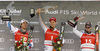 Winner Josef Ferstl of Germany (M), second placed Johan Clarey of France (L) and third placed Dominik Paris of Italy (R) celebrate their medals won in the super-g race of the Audi FIS Alpine skiing World cup Kitzbuehel, Austria. Men super-g Hahnenkamm race of the Audi FIS Alpine skiing World cup season 2018-2019 was held Kitzbuehel, Austria, on Sunday, 27th of January 2019.
