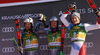 Winner Henrik Kristoffersen of Norway (M), second placed Rasmus Windingstad of Norway  (L) and third placed Marco Odermatt of Switzerland  (R) celebrating on the podium after the men giant slalom race of the Audi FIS Alpine skiing World cup in Kranjska Gora, Slovenia. Men giant slalom race of the Audi FIS Alpine skiing World cup season 2018-2019 was held on Podkoren course in Kranjska Gora, Slovenia, on Saturday, 9th of March 2019.
