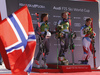 Winner Henrik Kristoffersen of Norway (M), second placed Rasmus Windingstad of Norway  (L) and third placed Marco Odermatt of Switzerland  (R) celebrating on the podium after the men giant slalom race of the Audi FIS Alpine skiing World cup in Kranjska Gora, Slovenia. Men giant slalom race of the Audi FIS Alpine skiing World cup season 2018-2019 was held on Podkoren course in Kranjska Gora, Slovenia, on Saturday, 9th of March 2019.
