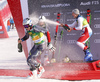 Winner Henrik Kristoffersen of Norway (L), second placed Rasmus Windingstad of Norway  (M) and third placed Marco Odermatt of Switzerland  (R) celebrating after the men giant slalom race of the Audi FIS Alpine skiing World cup in Kranjska Gora, Slovenia. Men giant slalom race of the Audi FIS Alpine skiing World cup season 2018-2019 was held on Podkoren course in Kranjska Gora, Slovenia, on Saturday, 9th of March 2019.
