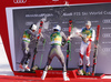 Winner Henrik Kristoffersen of Norway (L), second placed Rasmus Windingstad of Norway  (M) and third placed Marco Odermatt of Switzerland  (R) celebrating after the men giant slalom race of the Audi FIS Alpine skiing World cup in Kranjska Gora, Slovenia. Men giant slalom race of the Audi FIS Alpine skiing World cup season 2018-2019 was held on Podkoren course in Kranjska Gora, Slovenia, on Saturday, 9th of March 2019.
