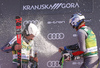 Winner Henrik Kristoffersen of Norway (R) and second placed Rasmus Windingstad of Norway (L)  celebrating on the podium after the men giant slalom race of the Audi FIS Alpine skiing World cup in Kranjska Gora, Slovenia. Men giant slalom race of the Audi FIS Alpine skiing World cup season 2018-2019 was held on Podkoren course in Kranjska Gora, Slovenia, on Saturday, 9th of March 2019.
