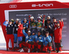 Norwegian team celebrating after the men giant slalom race of the Audi FIS Alpine skiing World cup in Kranjska Gora, Slovenia. Men giant slalom race of the Audi FIS Alpine skiing World cup season 2018-2019 was held on Podkoren course in Kranjska Gora, Slovenia, on Saturday, 9th of March 2019.
