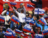 Finnish spectators during the men slalom race of the Audi FIS Alpine skiing World cup in Kranjska Gora, Slovenia. Men slalom race of the Audi FIS Alpine skiing World cup season 2018-2019 was held on Podkoren course in Kranjska Gora, Slovenia, on Sunday, 10th of March 2019.
