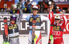 Winner Ramon Zenhaeusern of Switzerland  (M), second placed Henrik Kristoffersen of Norway  (L) and third placed Marcel Hirscher of Austria (R) celebrating after the men slalom race of the Audi FIS Alpine skiing World cup in Kranjska Gora, Slovenia. Men slalom race of the Audi FIS Alpine skiing World cup season 2018-2019 was held on Podkoren course in Kranjska Gora, Slovenia, on Sunday, 10th of March 2019.
