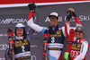 Winner Ramon Zenhaeusern of Switzerland  (M), second placed Henrik Kristoffersen of Norway  (L) and third placed Marcel Hirscher of Austria (R) celebrating on the podium after the men slalom race of the Audi FIS Alpine skiing World cup in Kranjska Gora, Slovenia. Men slalom race of the Audi FIS Alpine skiing World cup season 2018-2019 was held on Podkoren course in Kranjska Gora, Slovenia, on Sunday, 10th of March 2019.
