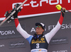 Winner Ramon Zenhaeusern of Switzerland  (M), second placed Henrik Kristoffersen of Norway  (L) and third placed Marcel Hirscher of Austria (R) celebrating on the podium after the men slalom race of the Audi FIS Alpine skiing World cup in Kranjska Gora, Slovenia. Men slalom race of the Audi FIS Alpine skiing World cup season 2018-2019 was held on Podkoren course in Kranjska Gora, Slovenia, on Sunday, 10th of March 2019.
