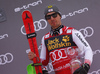 Third placed Marcel Hirscher of Austria celebrating on the podium after the men slalom race of the Audi FIS Alpine skiing World cup in Kranjska Gora, Slovenia. Men slalom race of the Audi FIS Alpine skiing World cup season 2018-2019 was held on Podkoren course in Kranjska Gora, Slovenia, on Sunday, 10th of March 2019.
