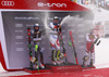 Winner Ramon Zenhaeusern of Switzerland  (M), second placed Henrik Kristoffersen of Norway  (L) and third placed Marcel Hirscher of Austria (R) celebrating on the podium after the men slalom race of the Audi FIS Alpine skiing World cup in Kranjska Gora, Slovenia. Men slalom race of the Audi FIS Alpine skiing World cup season 2018-2019 was held on Podkoren course in Kranjska Gora, Slovenia, on Sunday, 10th of March 2019.
