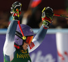 Third placed Tessa Worley of France reacts in finish of the second run of the women giant slalom race of the Audi FIS Alpine skiing World cup in Soelden, Austria. First race of women Audi FIS Alpine skiing World cup season 2019-2020, women giant slalom, was held on Rettenbach glacier above Soelden, Austria, on Saturday, 26th of October 2019.
