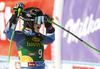 Winner Alice Robinson of New Zealand reacts in finish of the second run of the women giant slalom race of the Audi FIS Alpine skiing World cup in Soelden, Austria. First race of women Audi FIS Alpine skiing World cup season 2019-2020, women giant slalom, was held on Rettenbach glacier above Soelden, Austria, on Saturday, 26th of October 2019.
