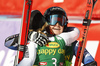 Winner Alice Robinson of New Zealand (R) receives congratulations from third placed Tessa Worley of France (L) in finish of the second run of the women giant slalom race of the Audi FIS Alpine skiing World cup in Soelden, Austria. First race of women Audi FIS Alpine skiing World cup season 2019-2020, women giant slalom, was held on Rettenbach glacier above Soelden, Austria, on Saturday, 26th of October 2019.
