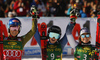 Winner Alice Robinson of New Zealand (M), second placed Mikaela Shiffrin of USA (L) and third placed Tessa Worley of France (R) celebrate their medals won in the women giant slalom race of the Audi FIS Alpine skiing World cup in Soelden, Austria. First race of women Audi FIS Alpine skiing World cup season 2019-2020, women giant slalom, was held on Rettenbach glacier above Soelden, Austria, on Saturday, 26th of October 2019.
