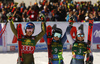 Winner Alice Robinson of New Zealand (M), second placed Mikaela Shiffrin of USA (L) and third placed Tessa Worley of France (R) celebrate their medals won in the women giant slalom race of the Audi FIS Alpine skiing World cup in Soelden, Austria. First race of women Audi FIS Alpine skiing World cup season 2019-2020, women giant slalom, was held on Rettenbach glacier above Soelden, Austria, on Saturday, 26th of October 2019.
