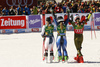 Winner Alice Robinson of New Zealand (M), second placed Mikaela Shiffrin of USA (R) and third placed Tessa Worley of France (L) celebrate their medals and pose for photographers in the women giant slalom race of the Audi FIS Alpine skiing World cup in Soelden, Austria. First race of women Audi FIS Alpine skiing World cup season 2019-2020, women giant slalom, was held on Rettenbach glacier above Soelden, Austria, on Saturday, 26th of October 2019.
