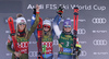 Winner Alice Robinson of New Zealand (M), second placed Mikaela Shiffrin of USA (L) and third placed Tessa Worley of France (R) celebrate their medals won in the women giant slalom race of the Audi FIS Alpine skiing World cup in Soelden, Austria. First race of women Audi FIS Alpine skiing World cup season 2019-2020, women giant slalom, was held on Rettenbach glacier above Soelden, Austria, on Saturday, 26th of October 2019.
