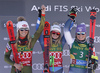 Winner Alice Robinson of New Zealand (M), second placed Mikaela Shiffrin of USA (L) and third placed Tessa Worley of France (R) celebrate their medals won in the women giant slalom race of the Audi FIS Alpine skiing World cup in Soelden, Austria. First race of women Audi FIS Alpine skiing World cup season 2019-2020, women giant slalom, was held on Rettenbach glacier above Soelden, Austria, on Saturday, 26th of October 2019.
