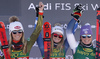 Winner Alice Robinson of New Zealand (M), second placed Mikaela Shiffrin of USA (L) and third placed Tessa Worley of France (R) celebrate their medals won in the women giant slalom race of the Audi FIS Alpine skiing World cup in Soelden, Austria. First race of women Audi FIS Alpine skiing World cup season 2019-2020, women giant slalom, was held on Rettenbach glacier above Soelden, Austria, on Saturday, 26th of October 2019.
